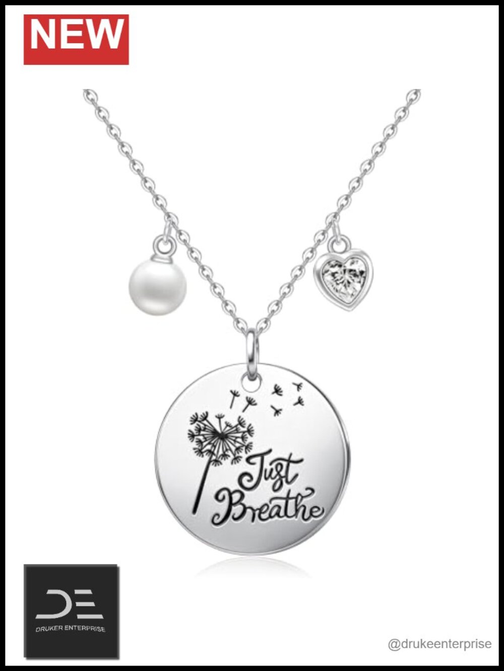 Sterling Silver Just Breathe Dandelion Pendant Necklace Women Inspirational Gift